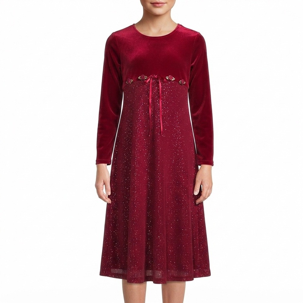 SWAT Girls Dress 10 Red Velvet Glitter Empire Waist Holiday Long Sleeve Recital